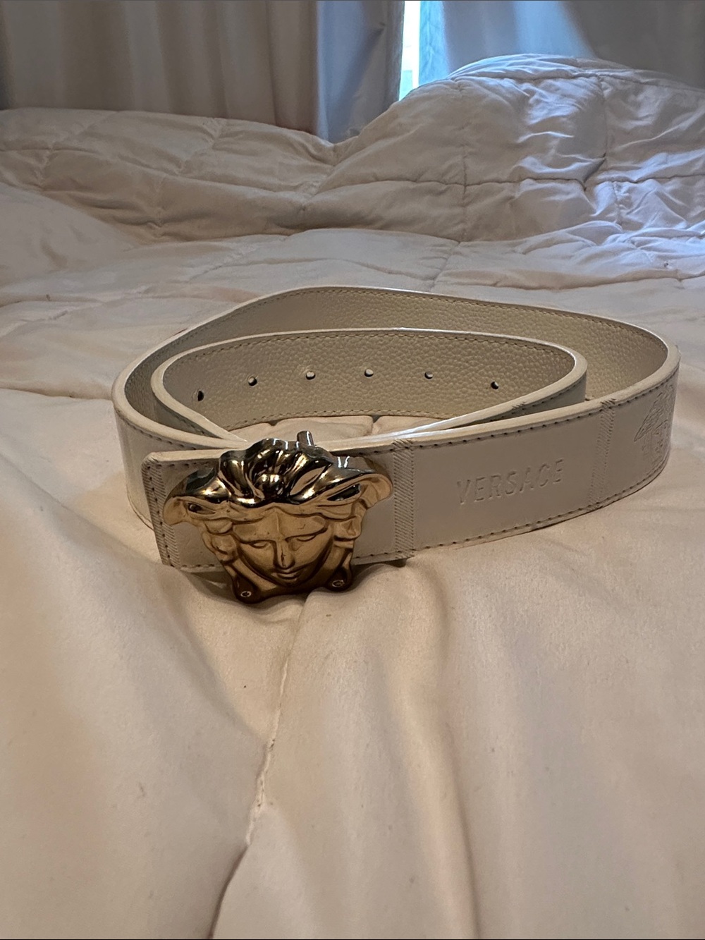 Versace White Leather Belt with Gold Medusa Buckle